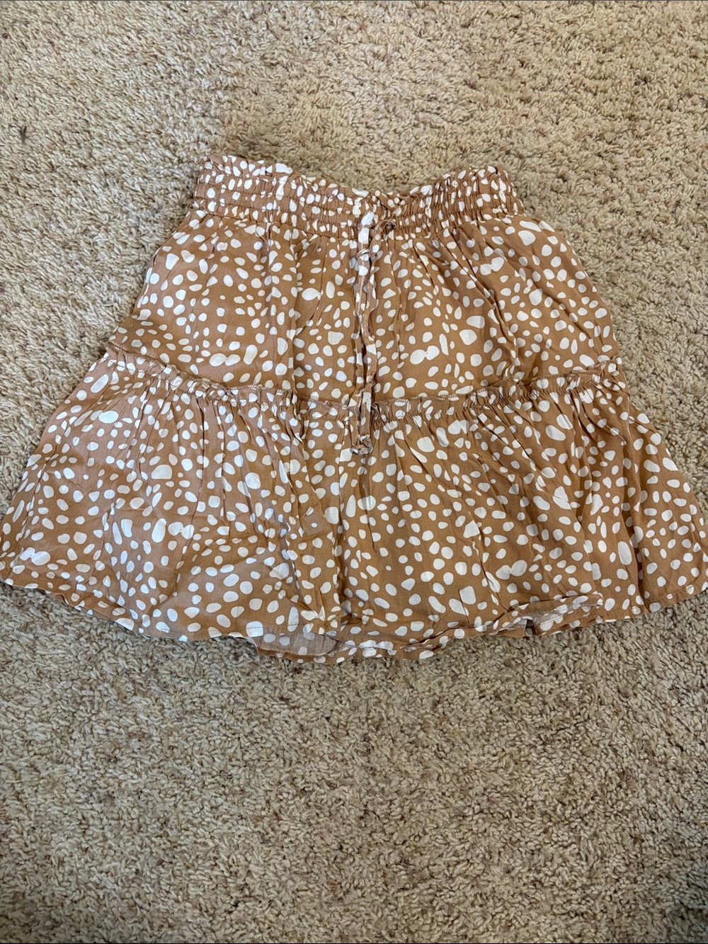 Tiered Mini Skirt in Tan with White Dot Print